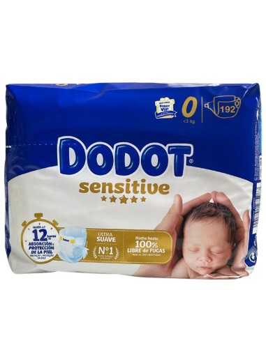 Pañales dodot sensitive talla 0 R.Nacido caja 192uds. ( 1.5 a 2.5 kg ).