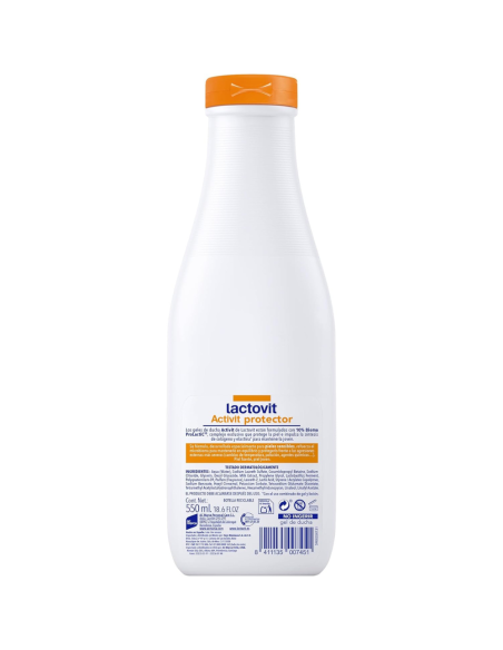 lactovit-gel-bano-protector-activit-550ml-2.jpg – Detalle de la etiqueta y logotipo Lactovit.
