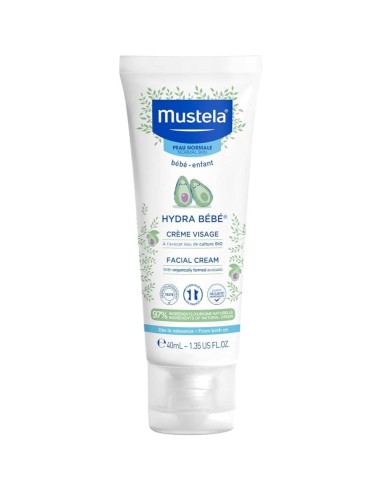 crema-facial-hydra-bebe-40ml-mustela-1.jpg – Vista frontal del tubo Mustela Hydra Bebé 40ml.