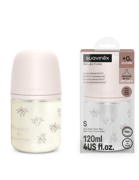 Biberón de Vidrio Suavinex Poetry 120 ml +0M – Tetina SX Pro flujo lento para recién nacidos
