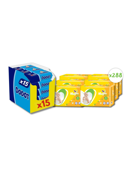 Pack Caja de Pañales Magics EasySoft Talla 4 de 288uds (9-14Kg) + Caja de Toallitas Dodot Etapas 960uds