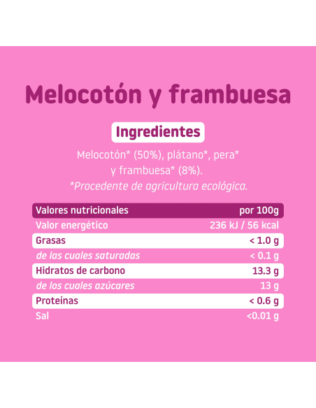 Tarrito frambuesa y melocotón 130gr 6M+ | Smileat - Nappy.es