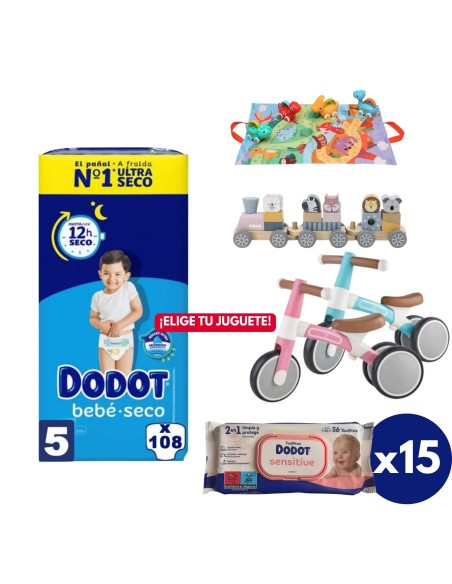 Pack Caja Talla 5 + Caja toallitas Sensitive + juguete a elegir