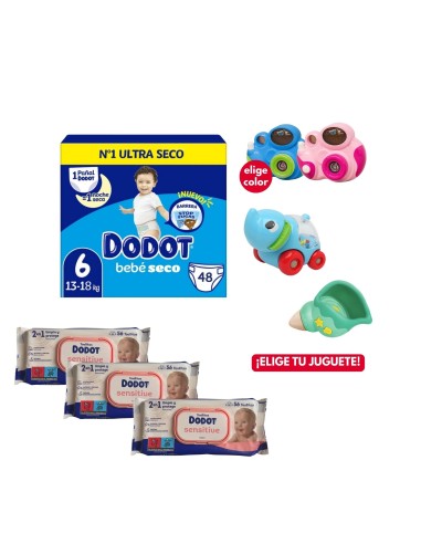 Pack paquete Talla 6 (48 uds) + 3 Paquetes Toallitas Sensitive dodot + Juguete a Elegir