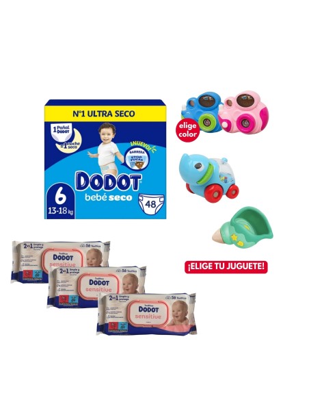 Pack paquete Talla 6 (48 uds) + 3 Paquetes Toallitas Sensitive dodot + Juguete a Elegir