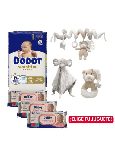 Pack paquete Talla 1 (58 uds) + 3 Paquetes Toallitas Sensitive dodot + Juguete a Elegir