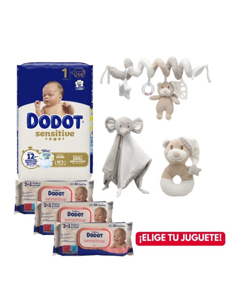 Pack paquete Talla 1 (58 uds) + 3 Paquetes Toallitas Sensitive dodot + Juguete a Elegir