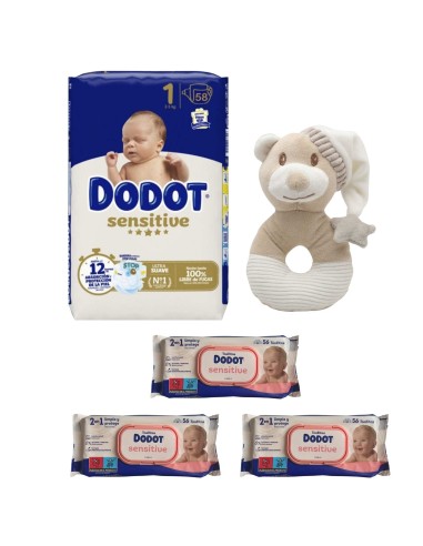 Pack paquete Talla 1 (58 uds) + 3 Paquetes Toallitas Sensitive dodot + Juguete a Elegir