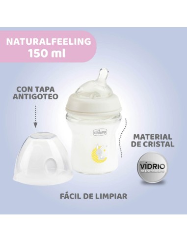 Biberón Chicco NaturalFeeling Cristal 0m+ 150ml – Flujo Normal para Recién Nacido