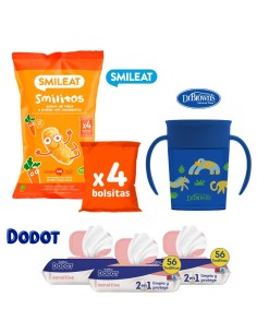 Pack merienda bebé vaso Dr Brown’s + toallitas Dodot (3 uds) + Smilitos avena zanahoria