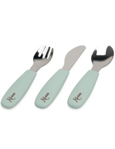 Cubiertos acero inoxidable y silicona verde salvia +6M Kiokids