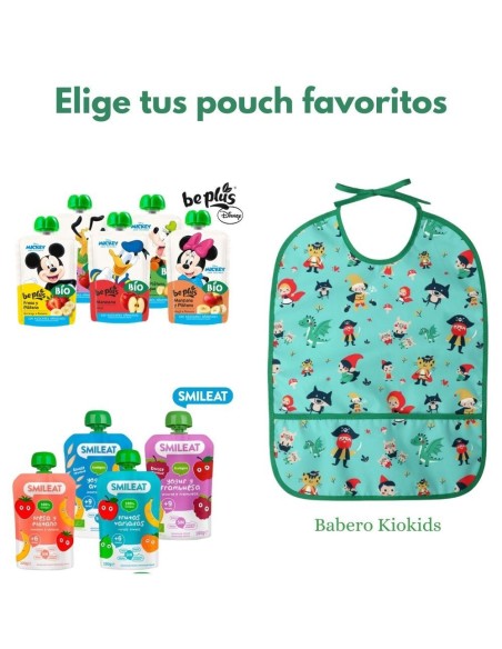 Pack pouch bebé + babero impermeable Kiokids +4M. Elige entre pouch BIO Disney Be Plus o Smileat.